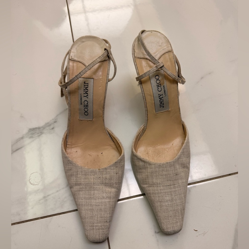 Jimmy Choo Light Beige Linen Pointed Slingback Heels Size 38
